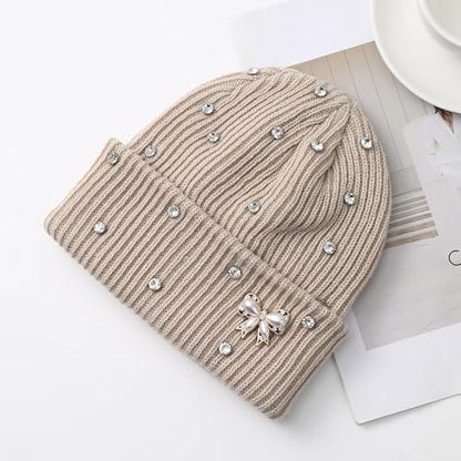 Cute Rhinestone Hat Winter Cuffed Ribbed Knitted Pearl Bow Beanie for Women Men - color: Beige
