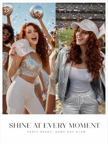 Women Shiny Rhinestone Bling Sun Visor Adjustable Tennis Beach Ponytail Hat - color: White Hat+sliver Rhinestone