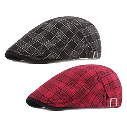 Men's Plaid Striped Newsboy Ivy Flat Driving Golf Cap - color: 1975 Black+red