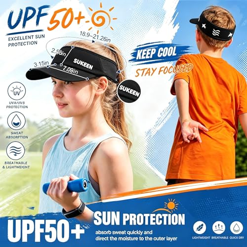 Sukeen Kids Sun Visor Hat for Girls Boys UPF50+ Lightweight Cooling Stretchable Packable Sun Hat - color: Black