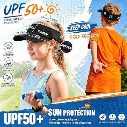 Sukeen Kids Sun Visor Hat for Girls Boys UPF50+ Lightweight Cooling Stretchable Packable Sun Hat - color: Black