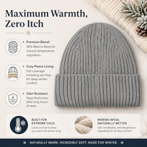 Oversize M/L/XL/XXL Merino Wool Beanie Hat for Men & Women - color: Light Grey, size: Medium-Large