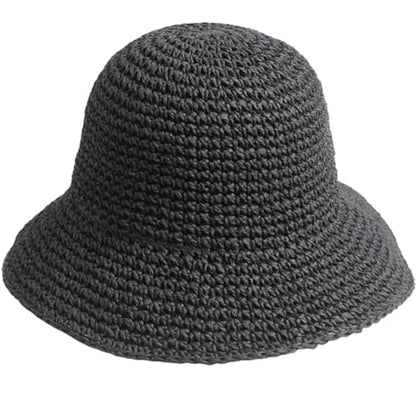 Women Straw Sun Hat Summer Beach Hats Foldable Floppy Cap Wide Brim Bucket Hat Solid Handmade Sun Protection Caps - color: Black