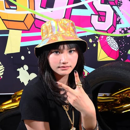 Unisex Black Bucket Hat Waterproof Rain Hat Reversible Shiny Rave Bucket Hat for Concert Festival - color: B6: Gold