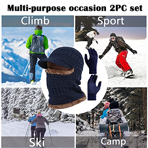 2Pcs Winter Knit Beanie Balaclava Hat Anti-Slip Touch Screen Mittens Set Thermal Ski Mask Cap Unisex for Womens Mens - color: Blue