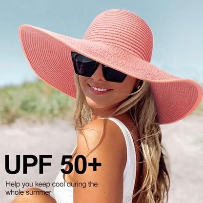 AQOKKA Sun Hats for Women Big Straw Wide Brim Summer Beach Hat Floppy Foldable Roll up Cap for Outdoor UPF 50+ - color: Wide Brim : Pink