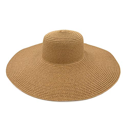 Womens 5.75" Wide Brim Foldable UPF50 Floppy Summer Straw Hat Sun Beach Hat - color: Tan