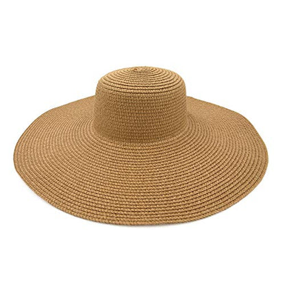 Womens 5.75" Wide Brim Foldable UPF50 Floppy Summer Straw Hat Sun Beach Hat - color: Tan