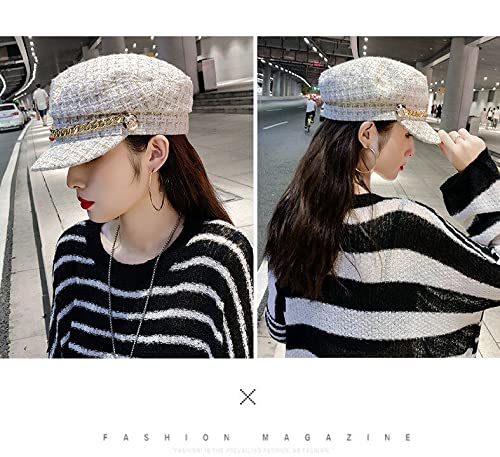 Women Plaid-Tweed Newsboy-Baker-Boy Hat Captain-Sailor Fisherman Hat Peaked-Beret with Chain - color: White