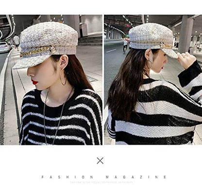 Women Plaid-Tweed Newsboy-Baker-Boy Hat Captain-Sailor Fisherman Hat Peaked-Beret with Chain - color: White