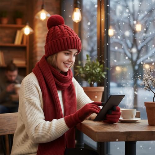 HUAMULAN Women Winter Knit Beanie Hat Circle Scarf Set Pompoms Ear Flaps - color: Wine Red With Scarf and Gloves