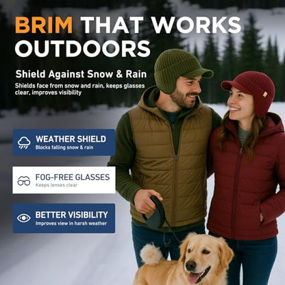 TOP-EX DryKnit™ 80% Merino Wool Waterproof Warm Brim Beanie with Ear Flaps - color: Red, size: Medium