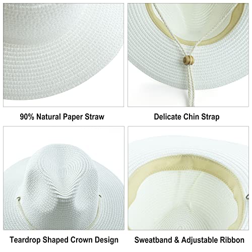 Women Straw Fedora Hat Summer Panama Beach Sun Hats UV UPF50+ Cap - color: White