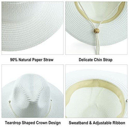 Women Straw Fedora Hat Summer Panama Beach Sun Hats UV UPF50+ Cap - color: White