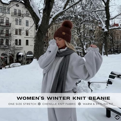 Funky Junque Beanie for Women Ultra Soft Chenille Faux Fur Pom Pom Winter Hats Warm Ski Cap Fashion - color: Terry Chenille - Brown