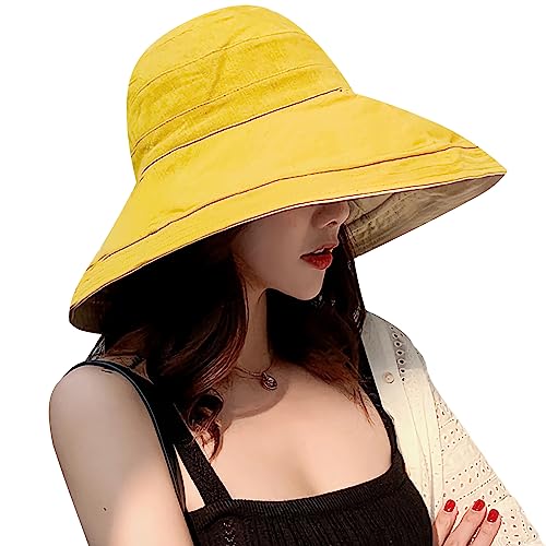 Women Wide Brim Sun Hats Metal Wired Edge Summer UV Protection Beach Fishing Hat for Hiking Garden Travel Chin Strap - color: Lant001-yellow, size: One Size