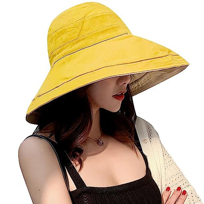 Women Wide Brim Sun Hats Metal Wired Edge Summer UV Protection Beach Fishing Hat for Hiking Garden Travel Chin Strap - color: Lant001-yellow, size: One Size
