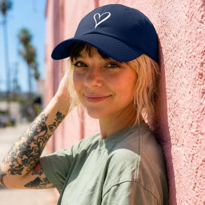 Hand Drawn Heart Hat Womens Embroidered Baseball Cap - color: Navy Blue