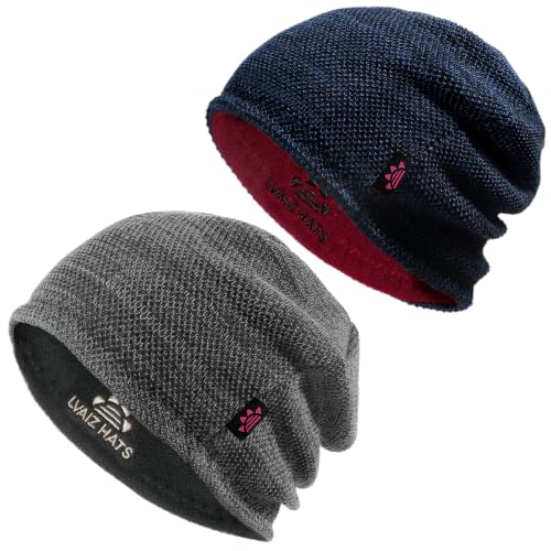 2 Pack Fleece Lined Beanie Hat Reversible Knit Skull Cap for Men Women - color: Blue+mix Black