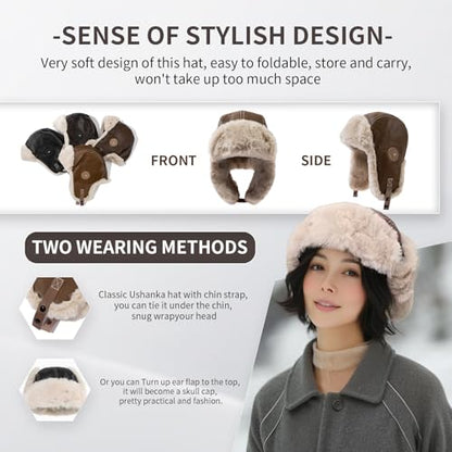 Leather Trapper Hat Winter Trooper Hats for Men Faux Fur Hat Aviator Russian Ushanka Hats with Earflaps Skiing Hat - color: Mg-lfmyypyb30-coffee