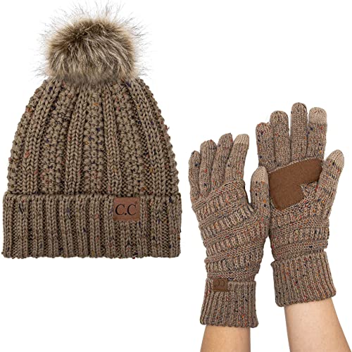 C.C Pom Cable Knit Beanie and Glove Set - color: Confetti Taupe