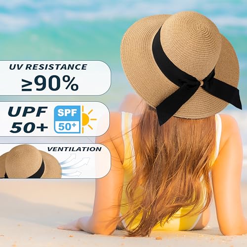 Beach Hat for Women, Wide Brim Sun Straw, UPF 50+ Foldable Floppy Sun Hat - color: A-khaki