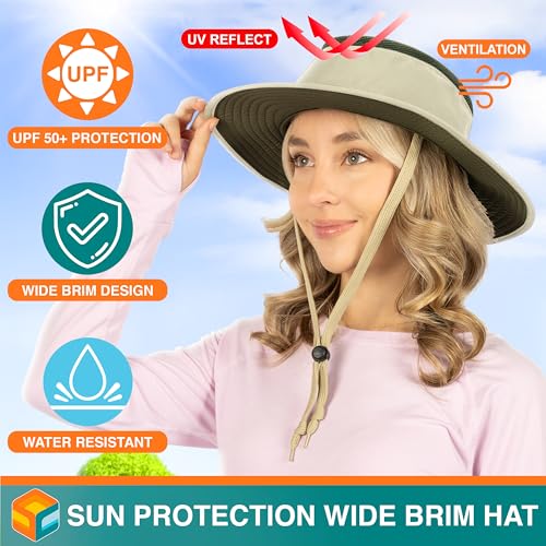 SUN CUBE Wide Brim Sun Hat for Men Women UPF 50+ UV Protection Safari Boonie Hat with Chin Strap, Pocket, Fishing Hiking Hat - color: Tan