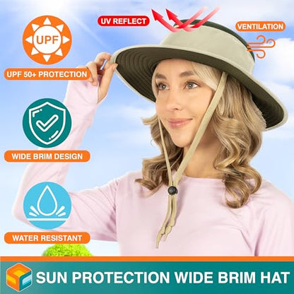 SUN CUBE Wide Brim Sun Hat for Men Women UPF 50+ UV Protection Safari Boonie Hat with Chin Strap, Pocket, Fishing Hiking Hat - color: Tan
