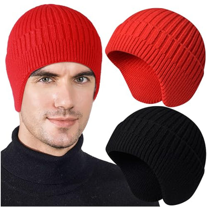 Heniho 2pcs Winter Beanies with Ear Flaps for Men Women, Warm Knit Earflaps Cap Thick Hats - color: F- Black, Red