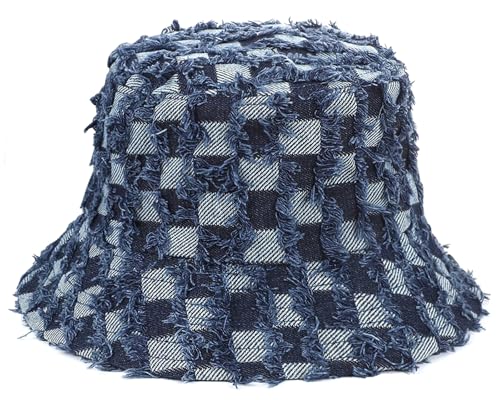 Women's Washed Cotton Bucket Hat Cowboy Checkerboard Fishermen Hat - color: Dark Blue