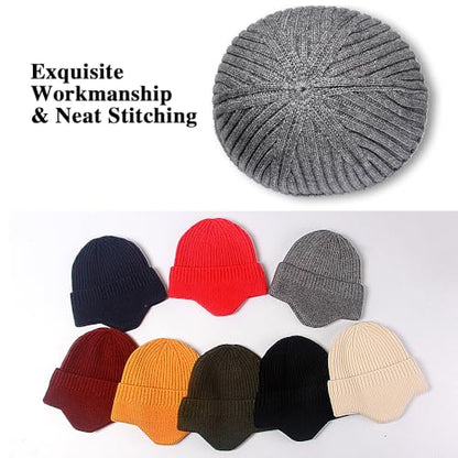 Heniho 2pcs Winter Beanies with Ear Flaps for Men Women, Warm Knit Earflaps Cap Thick Hats - color: F- Black, Red