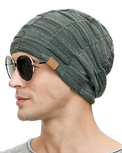 Vgogfly Slouchy Beanie for Men Winter Hats for Guys Cool Beanies Mens Lined Knit Warm Thick Skully Stocking Binie Hat Pairs - color: Light Grey / Army