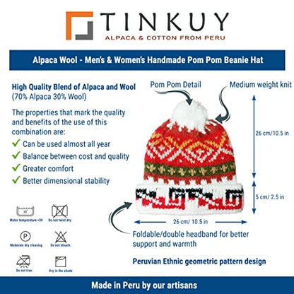 TINKUY Peru Alpaca Wool Winter Beanie, Handmade Bobble Hat, Unisex, One Size - color: White