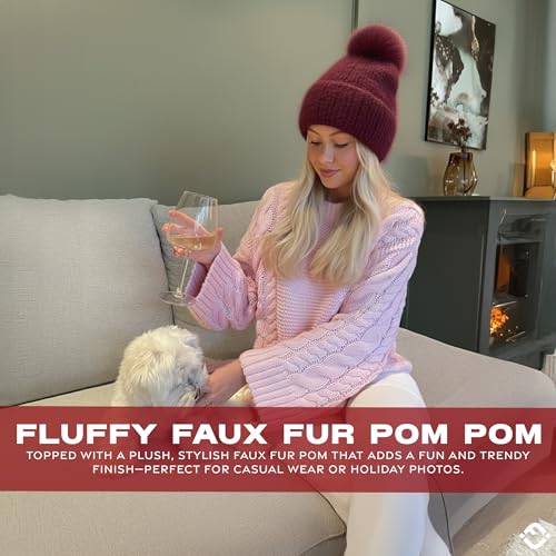 Funky Junque Beanie for Women Ultra Soft Chenille Faux Fur Pom Pom Winter Hats Warm Ski Cap Fashion - color: Terry Chenille - Burgundy