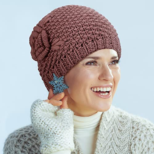 Bencailor 4 Pcs Winter Hats for Women Floral Knitted Beanie Warm Ladies Caps Flannelette Lined Middle Aged and Old Women - color: Elegant Colors