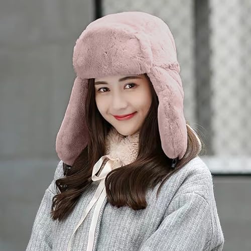 Womens Faux Fur Fuzzy Trapper Hat Winter Ear Flap Trooper Aviator Hat - color: Pink