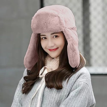 Womens Faux Fur Fuzzy Trapper Hat Winter Ear Flap Trooper Aviator Hat - color: Pink