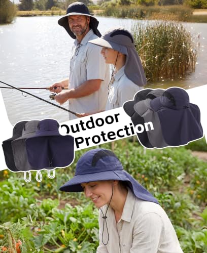 Home Prefer UPF 50+ Sun Hats for Men Women Wide Brim Fishing Hat with Neck Flap UV Protection Sunblock Safari Bucket Hat - color: Navy Blue