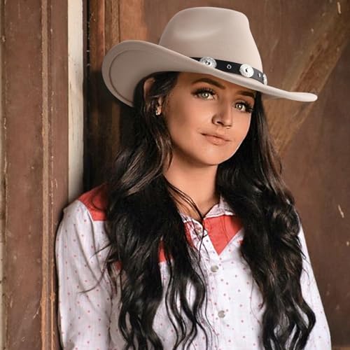 DRESHOW Women Men Classic Felt Wide Brim Western Cowboy & Cowgirl Cap Belt Buckle Retro Panama Hat Unisex Rolled up Caps - color: Beige With Black Hatband(circumference: 22-22.8")
