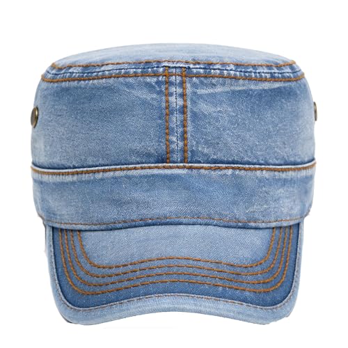 Military Cadet Army Cap for Men Women-Washed Cotton Vintage Adjustable Flat Top Baseball Hat - color: Denim Blue