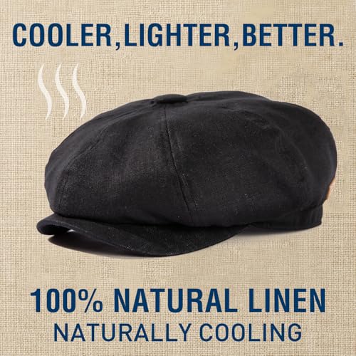 Oversized XL XXL Natural Linen Flat Cap Lightweight 8 Panel Summer Cooling Eco-Friendly Newsboy Hat Golf Outdoor - color: Black, size: Medium-Large