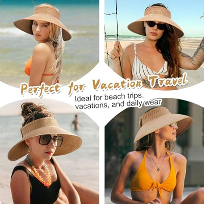 Women's Sun Visor Hats Wide Brim Straw Beach Hat Ponytail Hats for Women Foldable Floppy - color: 1pack-khaki