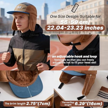 Retro Patchwork Polar Fleece Trapper Hat with Visor, Warm Winter Earflap Cap Flat Brim 5 Panel Baseball Ushanka Hats - color: Mg-lfm25128-camel