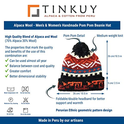 TINKUY Peru Alpaca Wool Winter Beanie, Handmade Bobble Hat, Unisex, One Size - color: Black