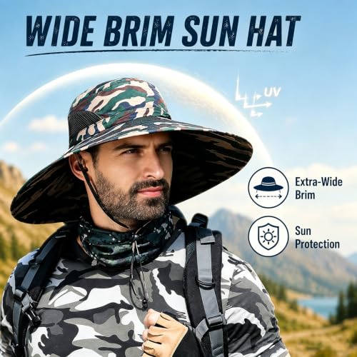 HUAMULAN Men Wide Brim Sun Hat Summer Outdoor Women Bucket Fishing Hats - color: Camouflage Green