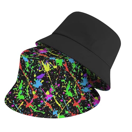 Amasnay Neon Bucket Hat Cotton Double-Side-Wear Reversible Sun Hat for Women Men, Summer Vacation Travel Beach Fisherman Hat - color: Color Splash Print
