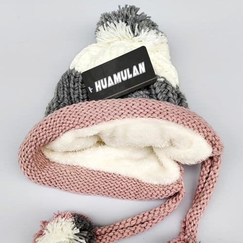 HUAMULAN Women Winter Sherpa Knit Beanie Hat Fleece Lined Ear Flaps - color: Gray Pink