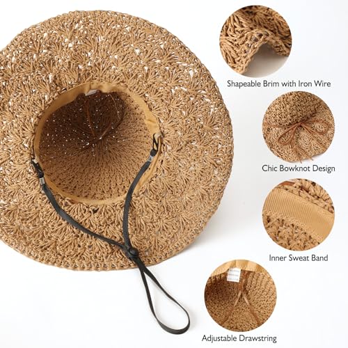 Beach Sun Straw Hats for Women Floppy Wide Brim UV Packable Summer - color: Khaki - Pineapple Knitted