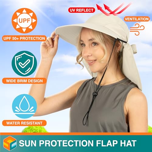 SUN CUBE Wide Brim Sun Hat with Neck Flap for Men Women, UPF50+ Fishing - color: Beige With Bow