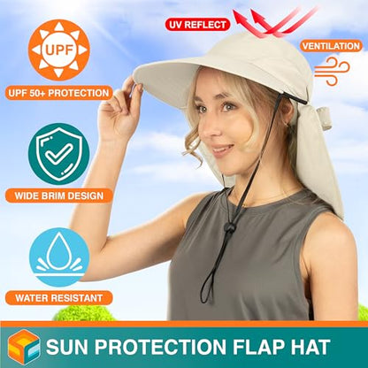 SUN CUBE Wide Brim Sun Hat with Neck Flap for Men Women, UPF50+ Fishing - color: Beige With Bow